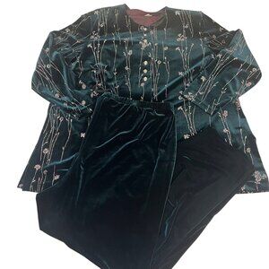MSK Womens Plus 24W Green Velvet Floral Embroidered Top/Pants Set Holiday Career